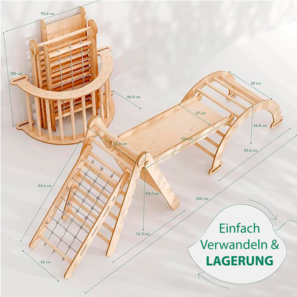 4in1 Montessori Klettergerüst Set: Kletterdreieck mit Rutsche, Kletterbogen, Kletternetz, für Kinder 1-7 Jahre – Beige